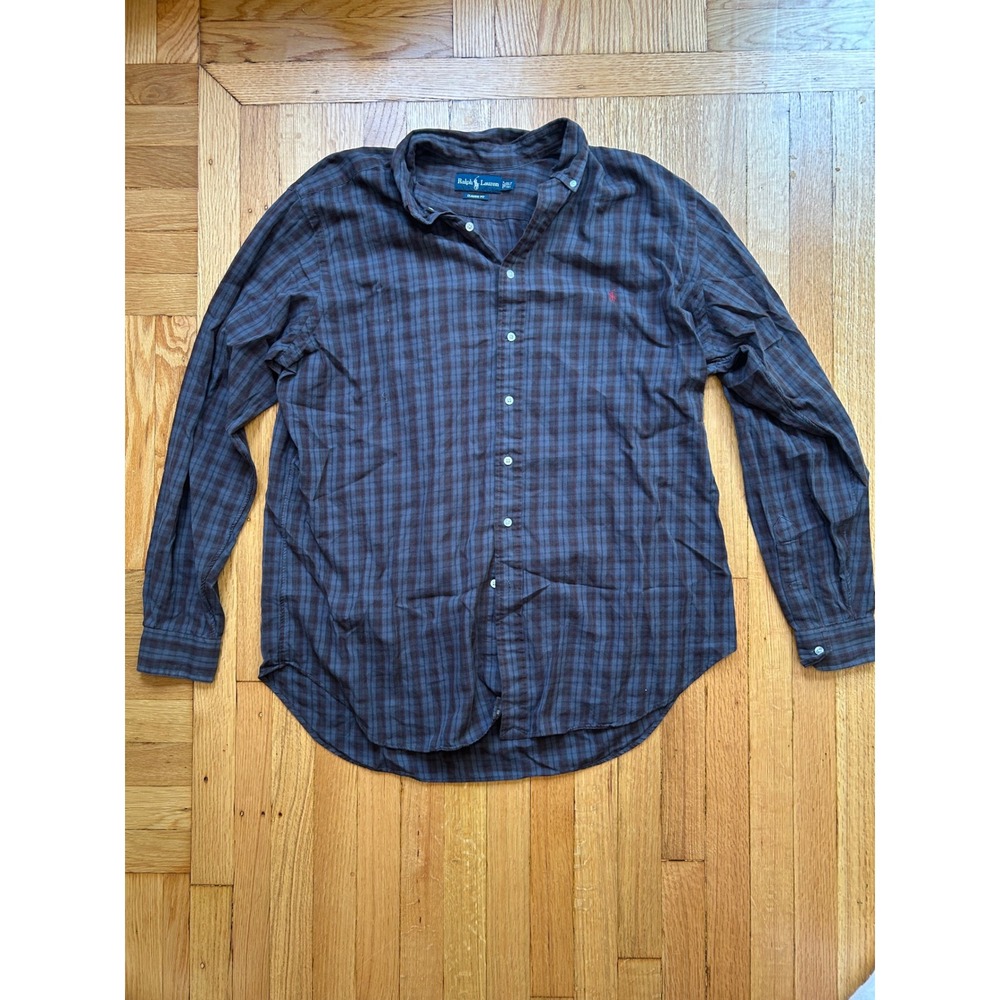 Ralph Lauren Mens Classic Fit Plaid Button Down Shirt Blue Grey Red XLT Tall